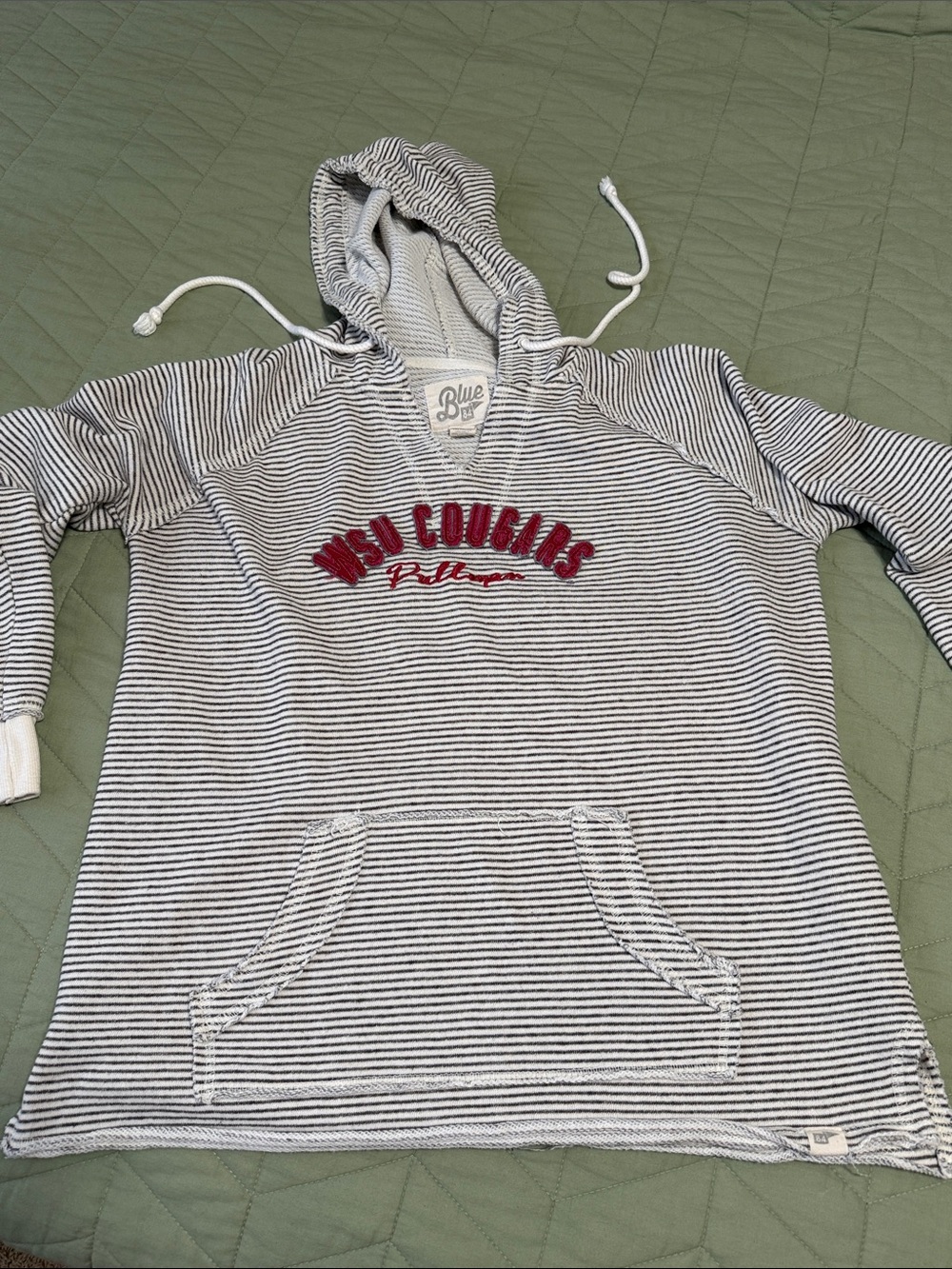Blue 84 Women's Gray & White Striped Hooded Sweater with Red Embroidered Logo